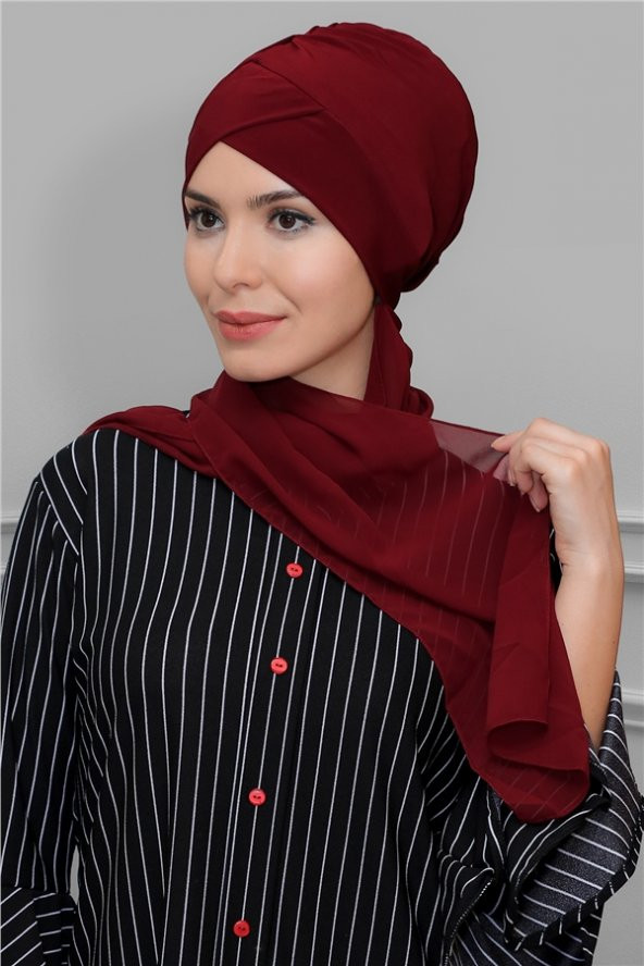 Bordo Pratik Hazır Geçmeli Tesettür Bone Sandy Kumaş Çapraz Büzgülü Şifon Atkılı 1801A_16 ürün görseli 1