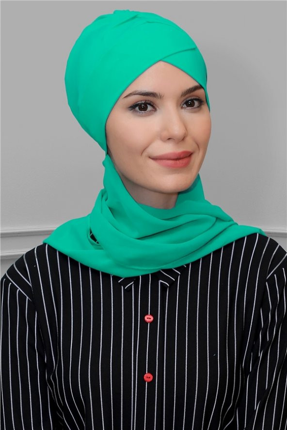 Su Yeşili Pratik Hazır Geçmeli Tesettür Bone Sandy Kumaş Çapraz Büzgülü Şifon Atkılı 1801A_32 ürün görseli 1