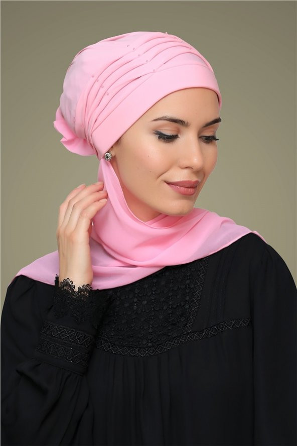 Pembe Pratik Hazır Geçmeli Tesettür Bone Sandy Kumaş İncili Nervürlü Güllü Atkılı 1805A_04 ürün görseli 1