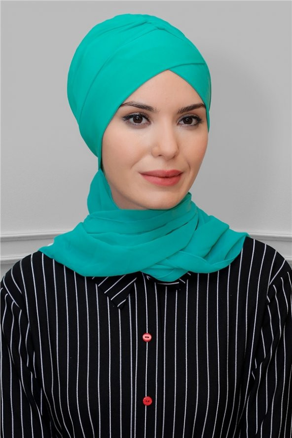 Mint Y. Pratik Hazır Geçmeli Tesettür Bone Sandy Kumaş Çapraz Büzgülü Şifon Atkılı 1801A_13 ürün görseli 1