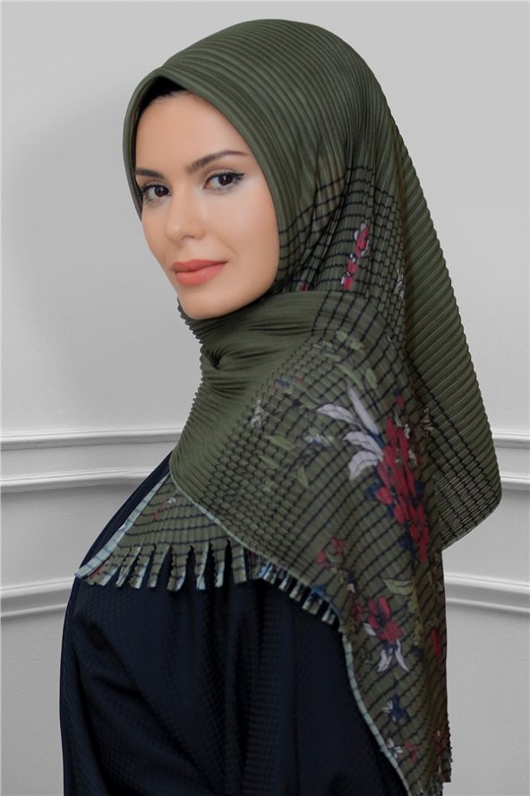 Haki Pratik Hazır Geçmeli Tesettür Eşarp Kesik Elyaf Piliseli Çiçek Desenli 1818D1_09 ürün görseli 1