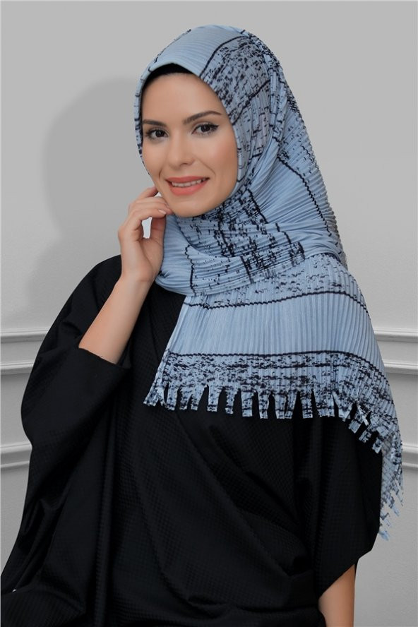 Gri Pratik Hazır Geçmeli Tesettür Eşarp Kesik Elyaf Piliseli Çizgili Desenli 1818D2_15 ürün görseli 1