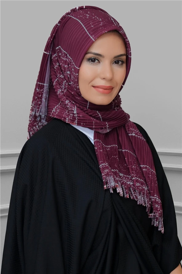 Bordo Pratik Hazır Geçmeli Tesettür Eşarp Kesik Elyaf Piliseli Çizgili Desenli 1818D2_16 ürün görseli 1