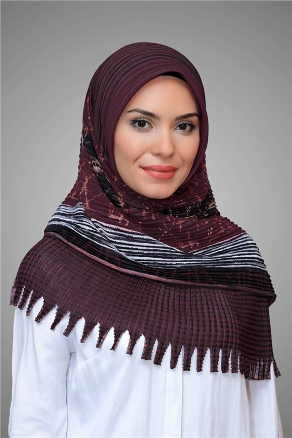 Bordo Pratik Hazır Geçmeli Tesettür Eşarp Kesik Elyaf Piliseli Çiçek Desenli 1818D4_16 ürün görseli 1