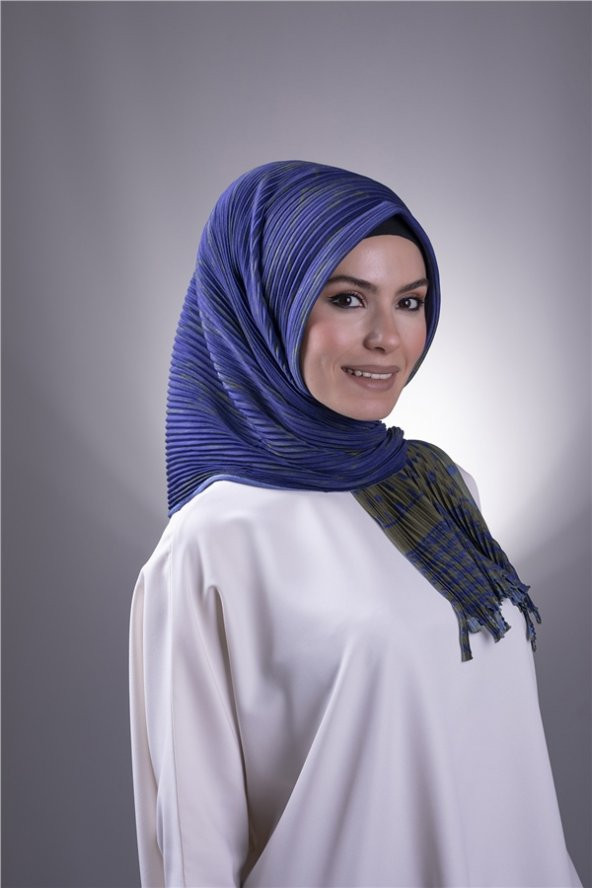 Lacivert-Haki Pratik Hazır Geçmeli Tesettür Eşarp Kesik Elyaf Piliseli Puantiyeli Desenli 1818D5_209 ürün görseli 1