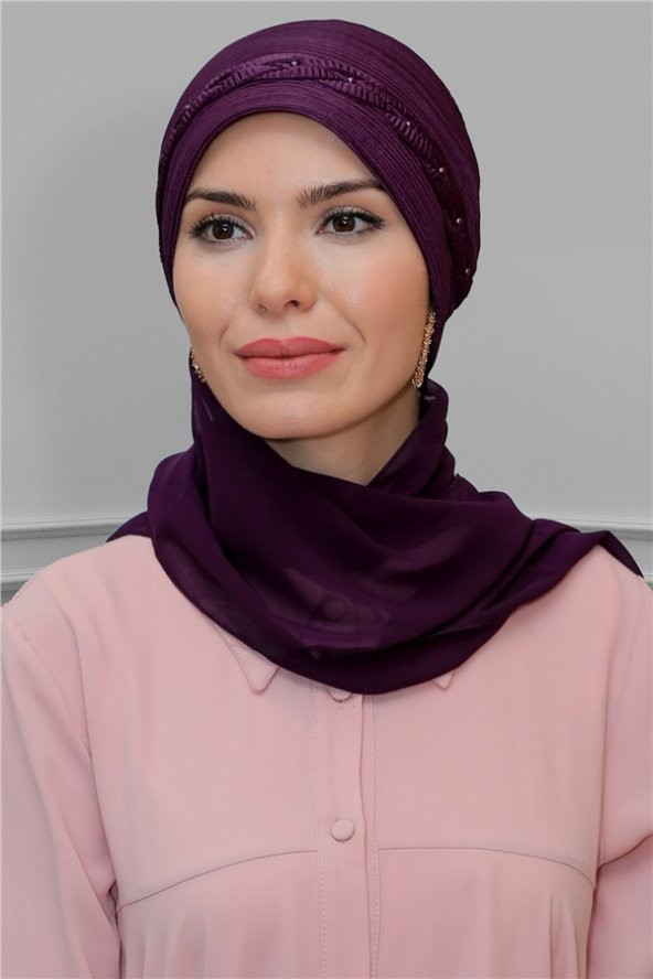 Mürdüm Pratik Hazır Geçmeli Tesettür Bone Fukuro Piliseli Örgülü Şifon Atkılı 1825A_07 ürün görseli 1