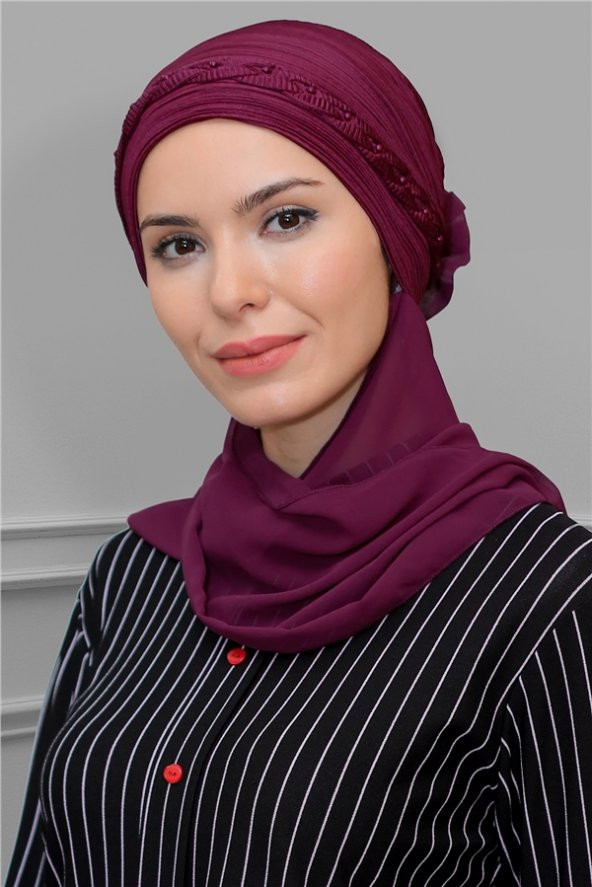 Şarabi Pratik Hazır Geçmeli Tesettür Bone Fukuro Piliseli Örgülü Şifon Atkılı 1825A_08 ürün görseli 1