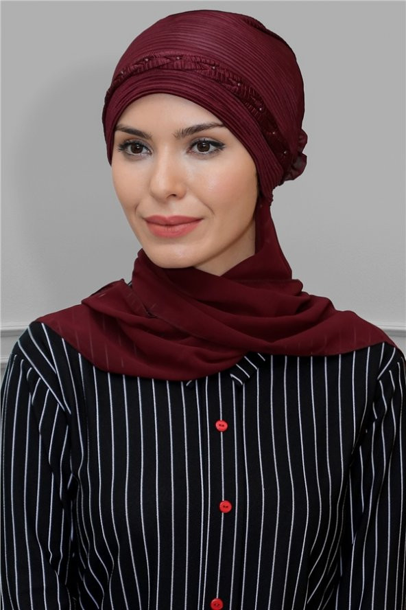 Bordo Pratik Hazır Geçmeli Tesettür Bone Fukuro Piliseli Örgülü Şifon Atkılı 1825A_16 ürün görseli 1