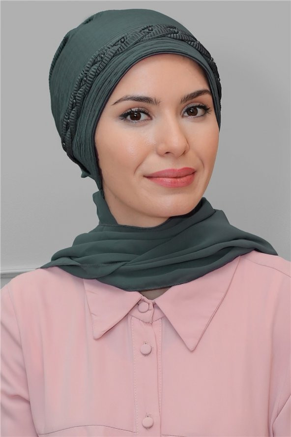 Füme Pratik Hazır Geçmeli Tesettür Bone Fukuro Piliseli Örgülü Şifon Atkılı 1825A_25 ürün görseli 1