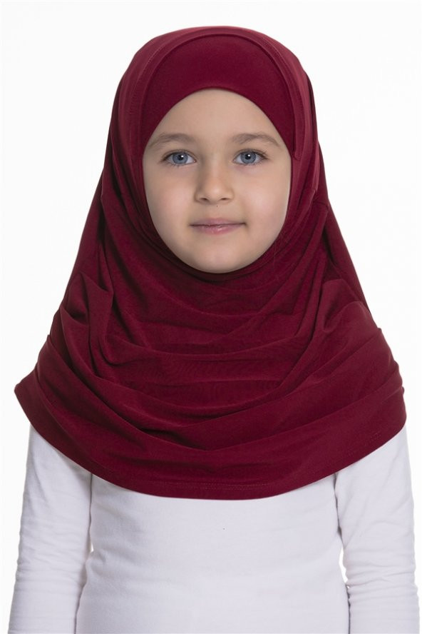 Bordo Pratik Hazır Geçmeli Çocuk Tesettür Bone Sandy Kumaş Kendinden Boneli 78_16 ürün görseli 1