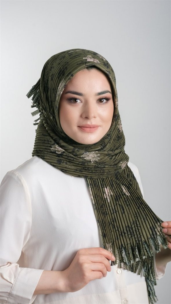 Haki Pratik Hazır Geçmeli Tesettür Eşarp Kesik Elyaf Piliseli Çiçek Desenli 1818D6_09 ürün görseli 1