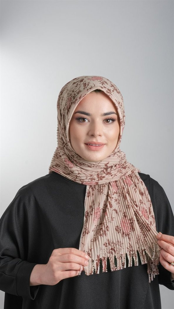 Bej Pratik Hazır Geçmeli Tesettür Eşarp Kesik Elyaf Piliseli Çiçek Desenli 1818D6_12 ürün görseli 1