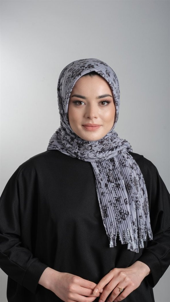 Gri Pratik Hazır Geçmeli Tesettür Eşarp Kesik Elyaf Piliseli Çiçek Desenli 1818D6_15 ürün görseli 1