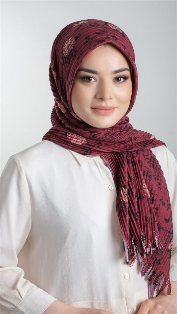 Bordo Pratik Hazır Geçmeli Tesettür Eşarp Kesik Elyaf Piliseli Çiçek Desenli 1818D6_16 ürün görseli 1