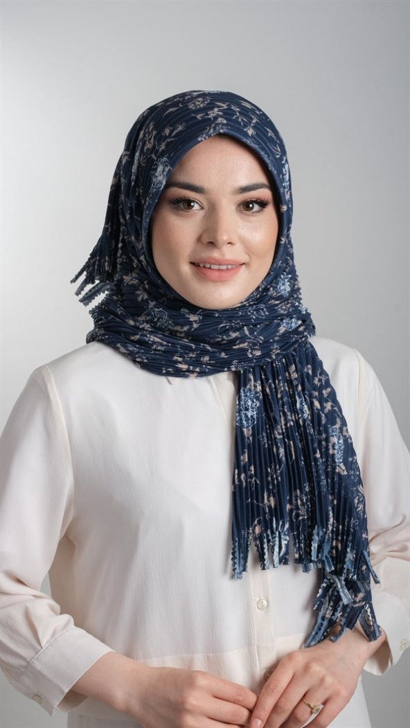 Lacivert-Vizon Pratik Hazır Geçmeli Tesettür Eşarp Kesik Elyaf Piliseli Çiçek Desenli 1818D6_210 ürün görseli 1