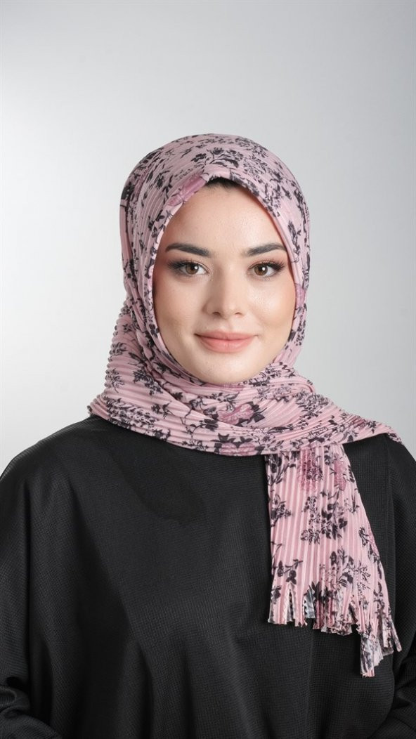 Pudra-Siyah Pratik Hazır Geçmeli Tesettür Eşarp Kesik Elyaf Piliseli Çiçek Desenli 1818D6_601 ürün görseli 1