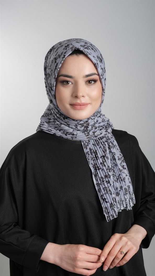 Gri Pratik Hazır Geçmeli Tesettür Eşarp Kesik Elyaf Piliseli Çiçek Desenli 1818D7_15 ürün görseli 1