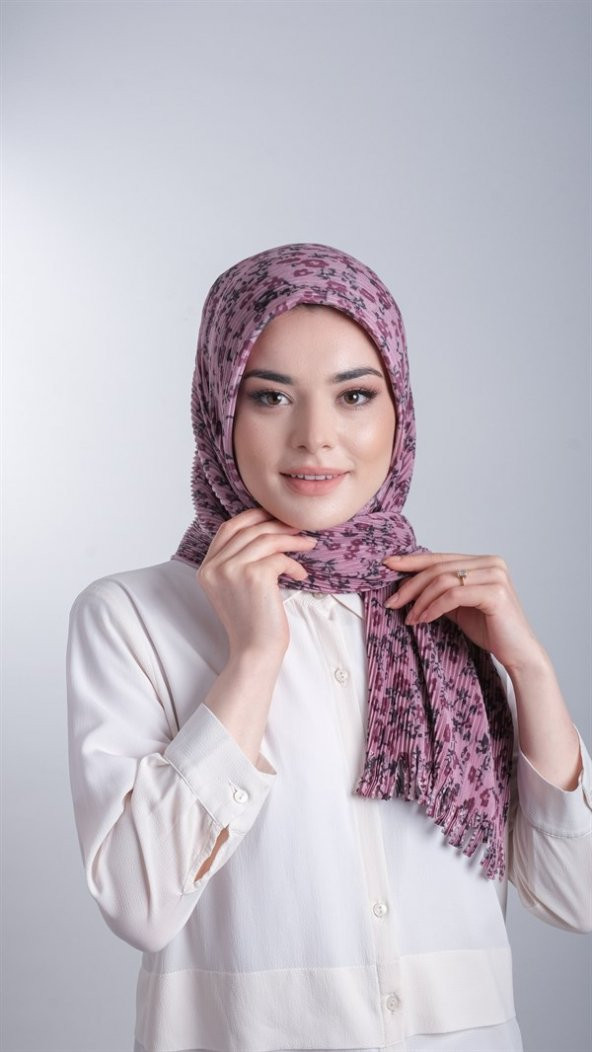 Gül Kurusu Pratik Hazır Geçmeli Tesettür Eşarp Kesik Elyaf Piliseli Çiçek Desenli 1818D7_18 ürün görseli 1
