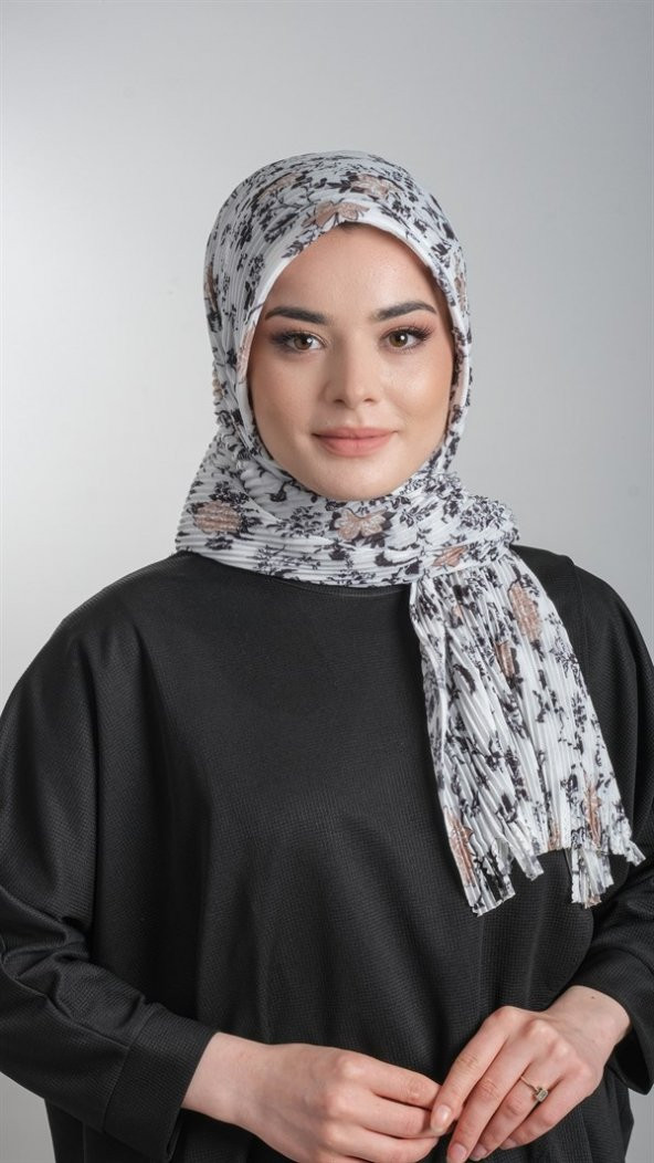 Krem-Siyah Pratik Hazır Geçmeli Tesettür Eşarp Kesik Elyaf Piliseli Çiçek Desenli 1818D6_4001 ürün görseli 1