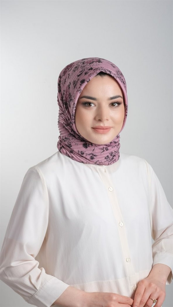 Gül Kurusu Pratik Hazır Geçmeli Tesettür Eşarp Kesik Elyaf Piliseli Çiçek Desenli 1818D6_18 ürün görseli 1