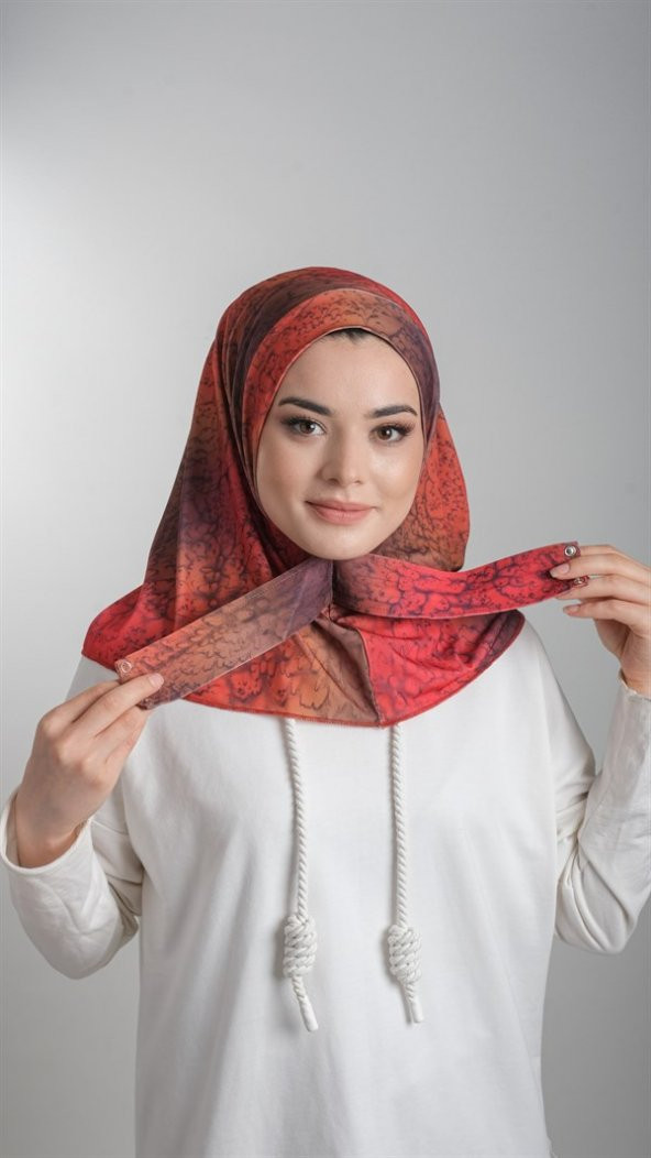 Kırmızı Pratik Hazır Geçmeli Tesettür Bone Sandy Kumaş Batik Desenli 2101D_31 ürün görseli 1