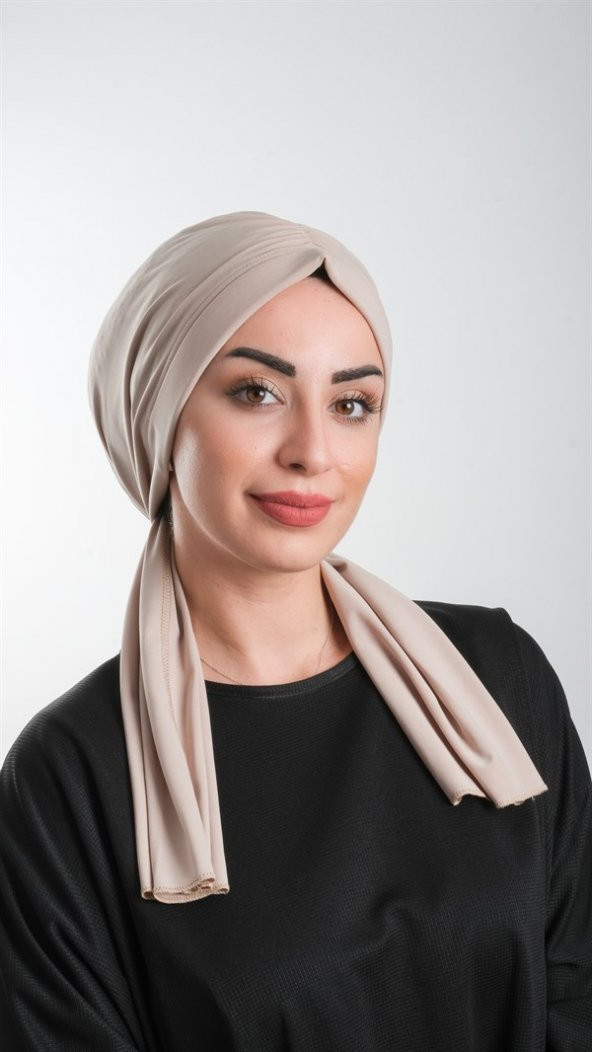 Bej Pratik Hazır Geçmeli Tesettür Bone Kesik Elyaf Sade 2111_12 ürün görseli 1
