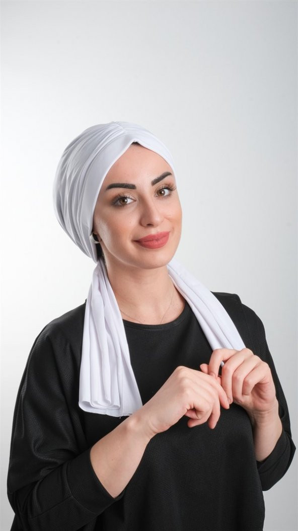 Beyaz Pratik Hazır Geçmeli Tesettür Bone Kesik Elyaf Sade 2111_42 ürün görseli 1