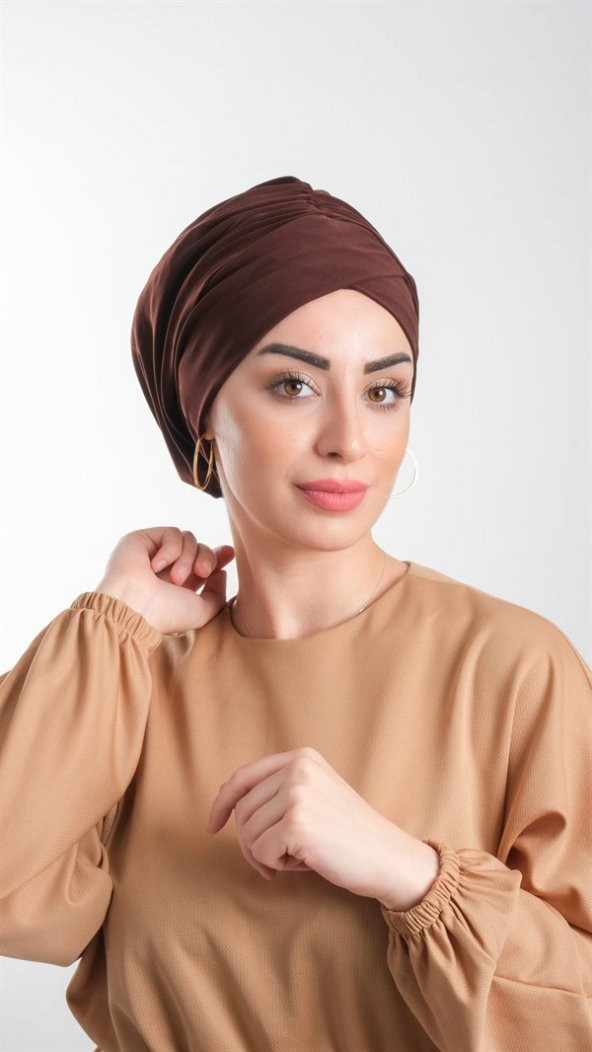 Kahverengi Pratik Hazır Geçmeli Tesettür Bone Sandy Kumaş Büzgülü 2114_14 ürün görseli 1