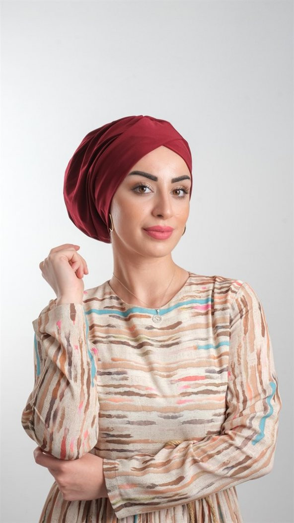 Bordo Pratik Hazır Geçmeli Tesettür Bone Sandy Kumaş Büzgülü 2114_16 ürün görseli 1