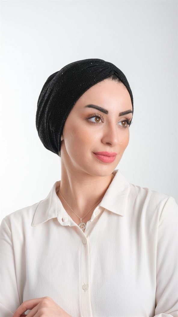Siyah Pratik Hazır Geçmeli Tesettür Bone Fukuro Simli Büzgülü 2116_01 ürün görseli 1