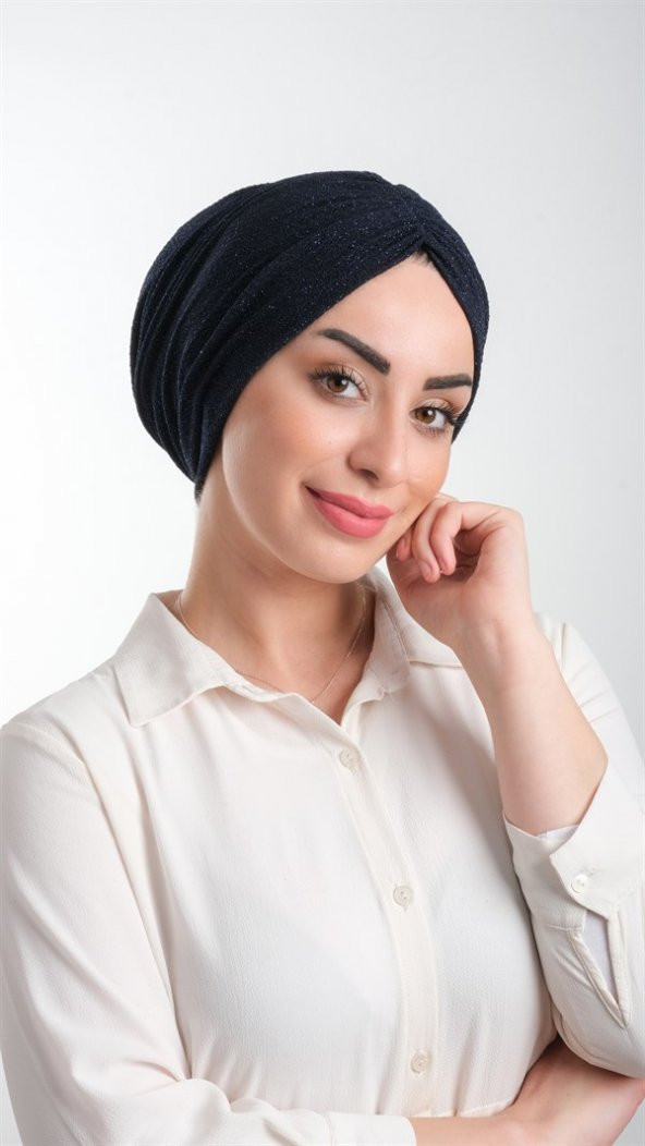 Lacivert Pratik Hazır Geçmeli Tesettür Bone Fukuro Simli Büzgülü 2116_02 ürün görseli 1