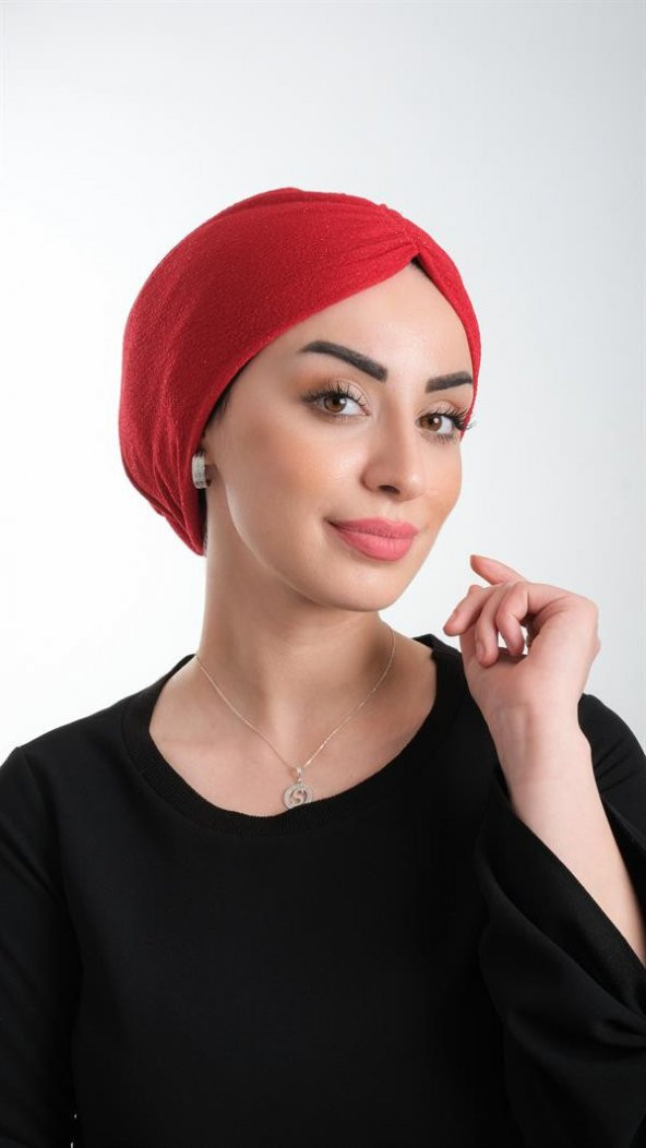 Kırmızı Pratik Hazır Geçmeli Tesettür Bone Fukuro Simli Büzgülü 2116_31 ürün görseli 1