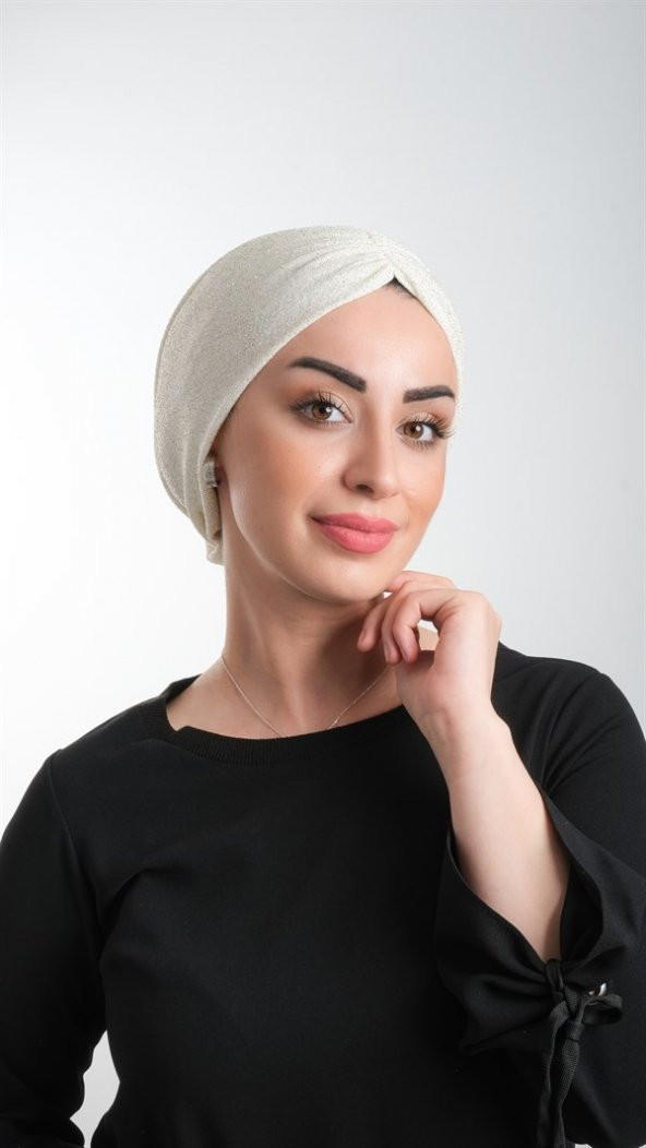 Krem Pratik Hazır Geçmeli Tesettür Bone Fukuro Simli Büzgülü 2116_40 ürün görseli 1