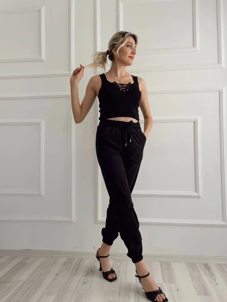 Kadın Beli Tünelli Pantolon Siyah ürün görseli 1