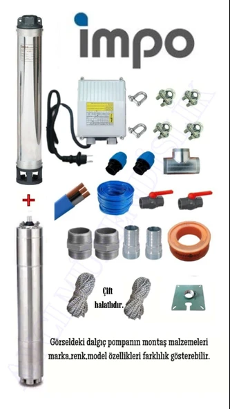 Impo Sk 404/27 3HP Technoplast Başlıklı  25 MT Yassı Kablolu ve Panolu 50 mt Halatlı Çift Vanalı Akıtma Başlıklı Monofaze Takım Dalgıç Pompa ürün görseli 1