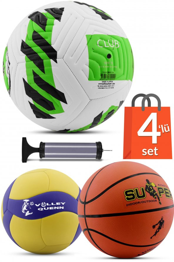 4LÜ SET Basketbol Voleybol Sert Zemin CLUB Futbol Topu Top Şişirme Pompası Seti Yeşil-018 ürün görseli 1