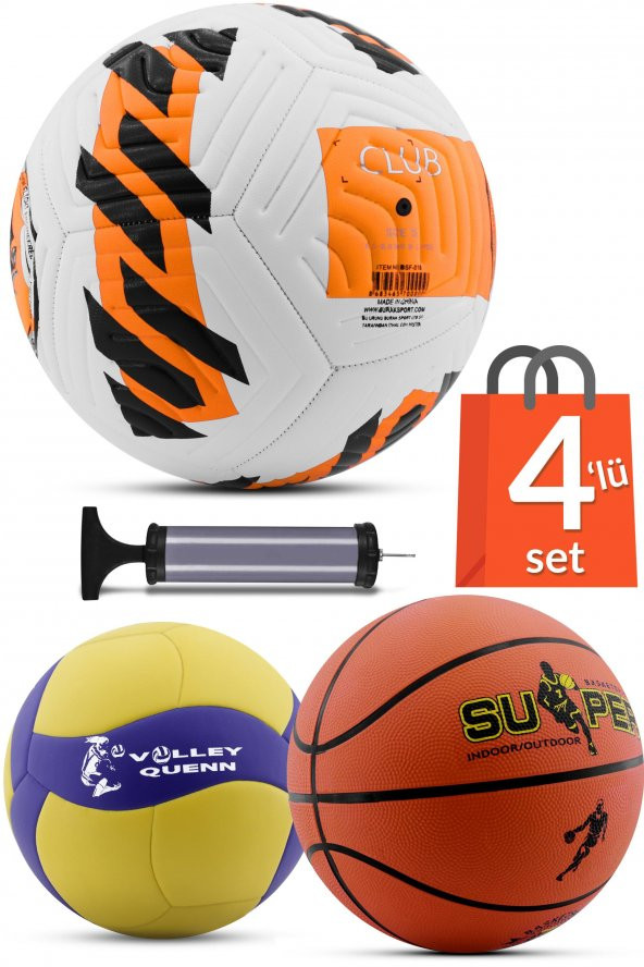 4LÜ SET Basketbol Voleybol Sert Zemin CLUB Futbol Topu Top Şişirme Pompası Seti Turuncu-018 ürün görseli 1