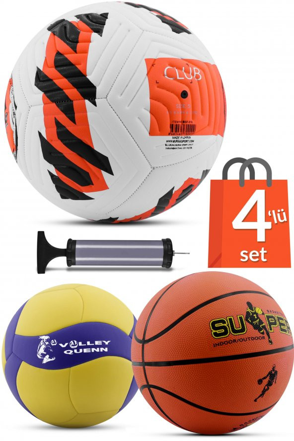 4LÜ SET Basketbol Voleybol Sert Zemin CLUB Futbol Topu Top Şişirme Pompası Seti Kırmızı-018 ürün görseli 1