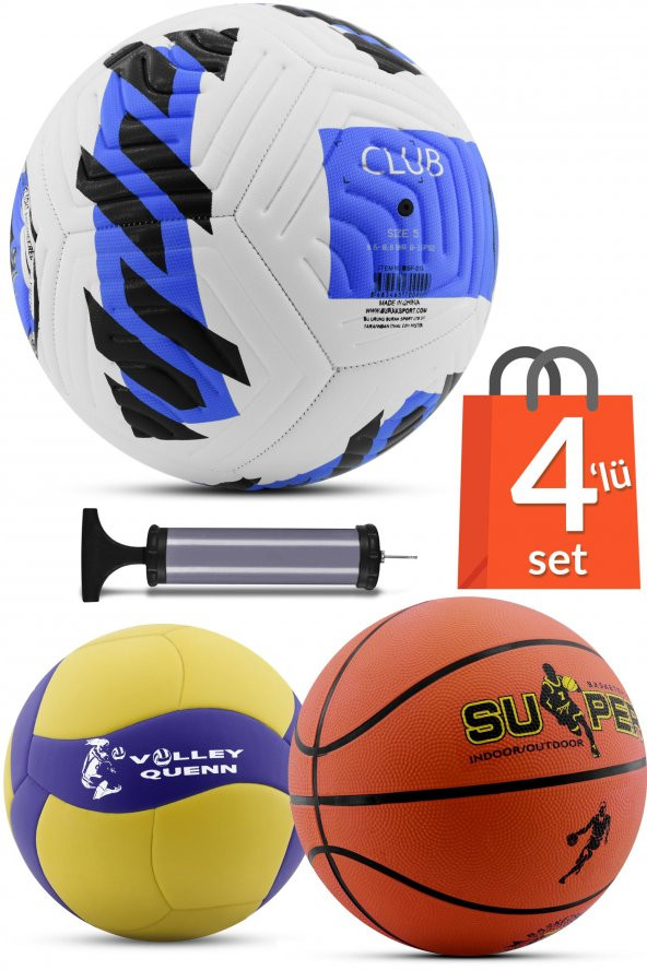 4LÜ SET Basketbol Voleybol Sert Zemin CLUB Futbol Topu Top Şişirme Pompası Seti Mavi-018 ürün görseli 1