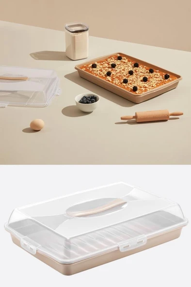 Flosoft Dikdörtgen Kek Pasta Börek Saklama Kabı, Kilitli Borcam Taşıma Kabı Büyük Boy 45cm Kahve ürün görseli 1