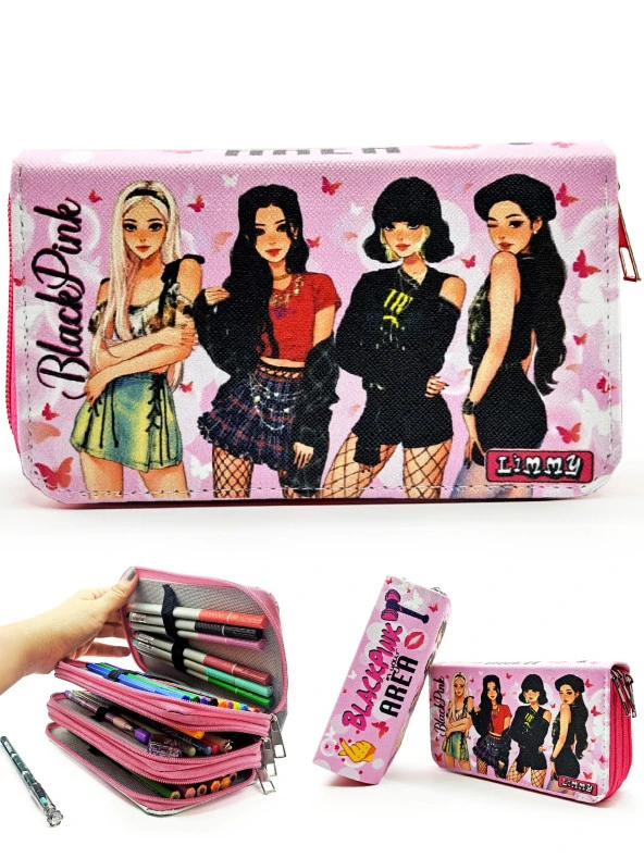 Kalem Kutusu Black Pink Blackpink Organizer Kalemkutu Vegan Deri Üç Bölmeli Kalemlik-Pembe ürün görseli 1