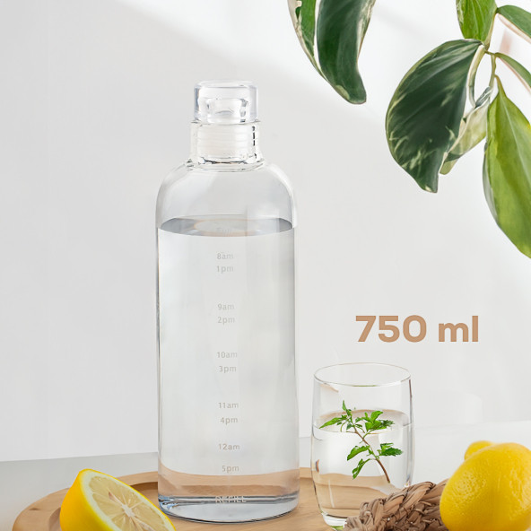 2407 Borosilikat Cam Su Şişesi - Su İçme Saatli Dereceli Matara Suluk - Şeffaf 750 mL
