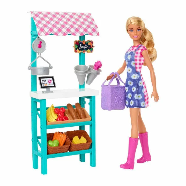 Barbie Çiftçi Pazarı Oyun Seti Barbie Bebek Pazar Tezgahı Kasa Sebzeler Ekmek Peynir Ve Çiçekleriyle ürün görseli 1