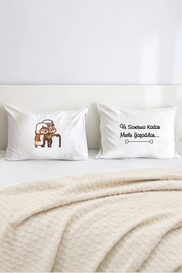Sonsuza Kadar Mutlu Yaşadılar Pamuklu Çift Kişilik 50x70 cm Yastık Kılıfı Seti ürün görseli 1