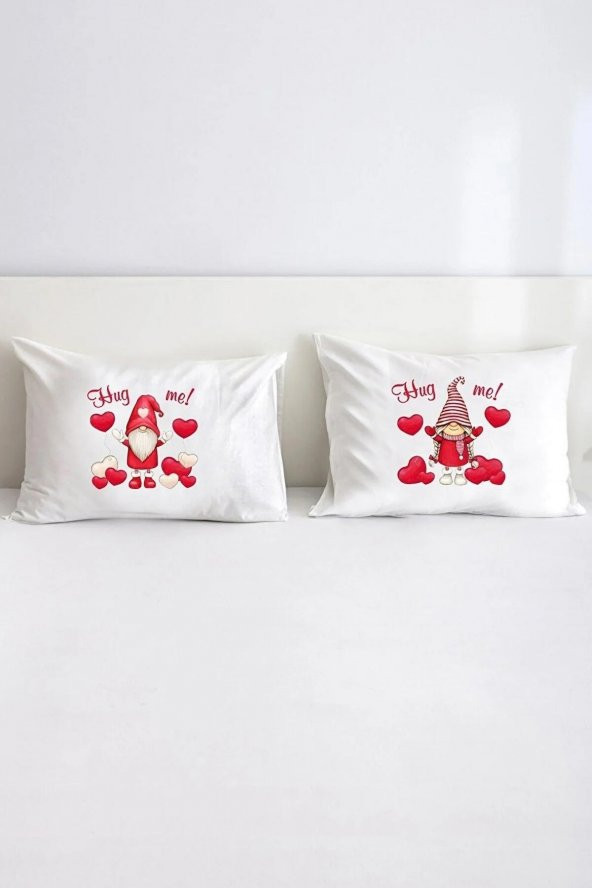 Happy Valantine Gnome Hug Me Pamuklu Çift Kişilik 50x70 cm Yastık Kılıfı Seti ürün görseli 1