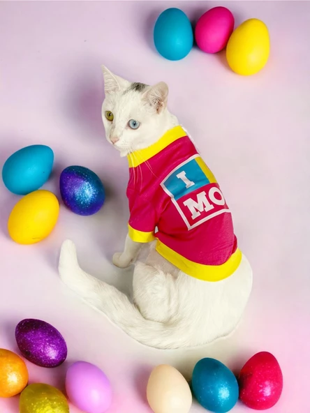 Annelere Hediye, Hediye Paketli, I Love Mom Pink, Oval Yaka Tişört Kedi Kıyafeti,Elbisesi Anneler Günü, Anne ürün görseli 1