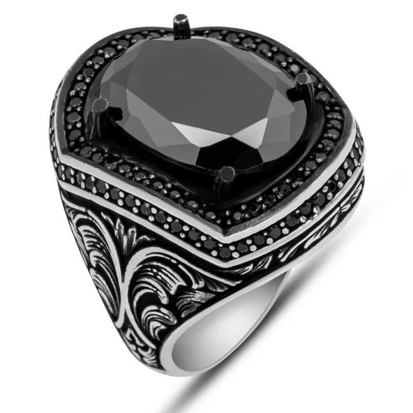 Gümüş Siyah Zirkon Taşlı Oval Erkek Yüzük ürün görseli 1