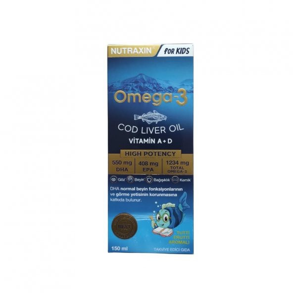 Omega3 Kids Cod Liver Oil A,D,E Vitaminleri İçeren Tutti Frutti Aromalı Takviye Edici Gıda 150ml ürün görseli 1