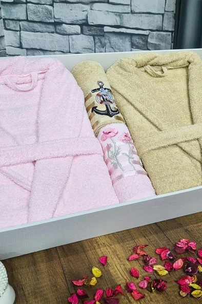 Çeyizlik Aile Bornoz Seti 4 Parça Pudra Cappucino ürün görseli 1