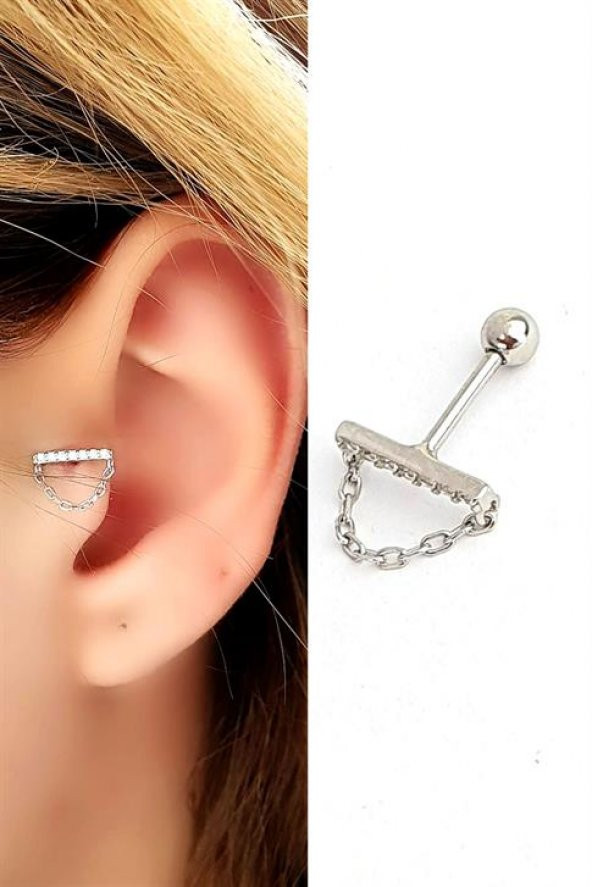 Zirkon Taşlı Zincir Detaylı 925Ayar Gümüş Üzerine Altın Kaplama Tragus Ve Kıkırdak Piercing ürün görseli 1